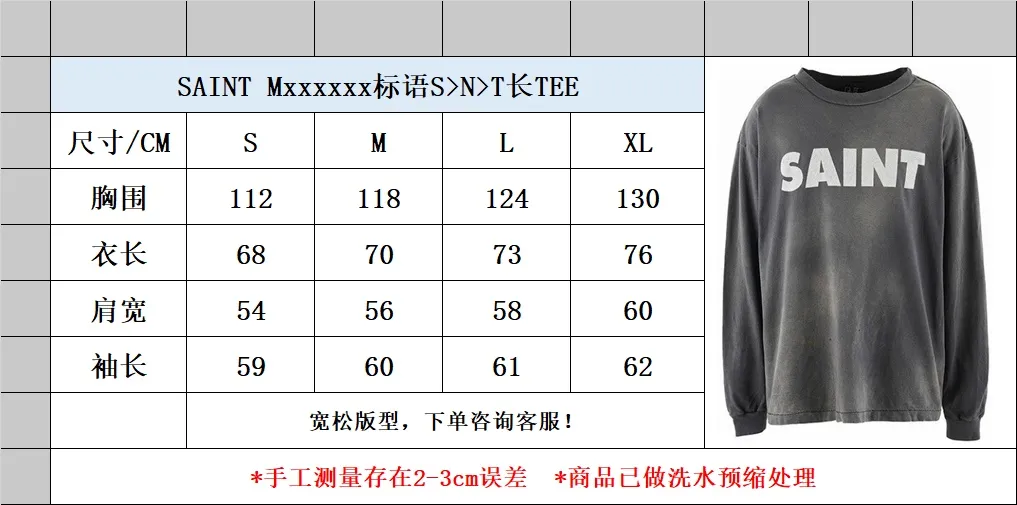 Size chart SAINT Mxxxxxx S>N>T LS TEE/BLACK Autumn and winter new style S>N>T slogan crack print long TEE washed black S-XL